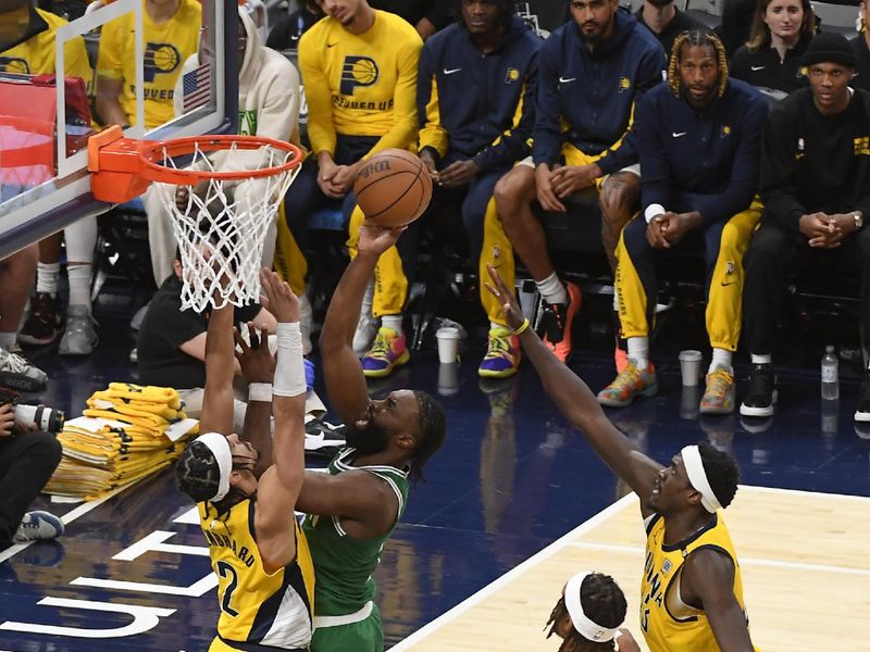 INDIANAPOLIS, IN - MAY 27:  Jaylen Brown #7 of the Boston Celtics goes to the basket during the game against the Indiana Pacers during Game 4 of the Eastern Conference Finals of the 2024 NBA Playoffs on May 27, 2024 at Gainbridge Fieldhouse in Indianapolis, Indiana. NOTE TO USER: User expressly acknowledges and agrees that, by downloading and or using this Photograph, user is consenting to the terms and conditions of the Getty Images License Agreement. Mandatory Copyright Notice: Copyright 2024 NBAE (Photo by Brian Babineau/NBAE via Getty Images)