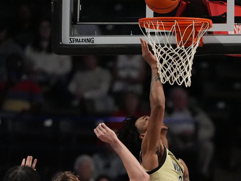 Feb 14, 2026; Winston-Salem, North Carolina, USA; Wake Forest Demon Deacons forward Juke Harris (2) goes to the basket against the Stanford Cardinal during the second half at Lawrence Joel Veterans Memorial Coliseum. Mandatory Credit: Jim Dedmon-Imagn Images