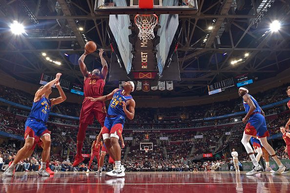 CLEVELAND, OH - NOVEMBER 19: Tristian Thompson #12 of the Cleveland Cavaliers shoots the ball during the game against the Denver Nuggets on November 19, 2023 at Rocket Mortgage FieldHouse in Cleveland, Ohio. NOTE TO USER: User expressly acknowledges and agrees that, by downloading and/or using this Photograph, user is consenting to the terms and conditions of the Getty Images License Agreement. Mandatory Copyright Notice: Copyright 2023 NBAE (Photo by David Liam Kyle/NBAE via Getty Images)