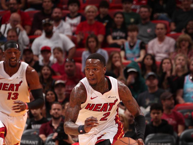 MIAMI, FL - MARCH 29: Terry Rozier #2 of the Miami Heat dribbles the ball during the game against the Portland Trail Blazers on March 29, 2024 at Kaseya Center in Miami, Florida. NOTE TO USER: User expressly acknowledges and agrees that, by downloading and or using this Photograph, user is consenting to the terms and conditions of the Getty Images License Agreement. Mandatory Copyright Notice: Copyright 2024 NBAE (Photo by Issac Baldizon/NBAE via Getty Images)