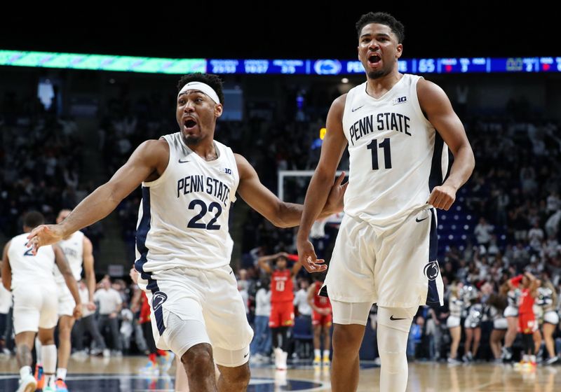 Mar 5, 2023; University Park, Pennsylvania, USA; Penn State Nittany Lions guard Camren Wynter (11) celebrates with guard Jalen Pickett (22) after a basket late in the second half against the Maryland Terrapins at Bryce Jordan Center. Mandatory Credit: Matthew OHaren-USA TODAY Sports