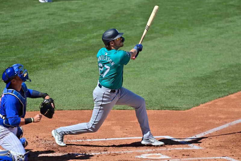 Mar 8, 2024; Mesa, Arizona, USA;  Seattle Mariners left fielder Cade Marlowe (2) flies out in the second inning against the Chicago Cubs during a spring training game at Sloan Park. Mandatory Credit: Matt Kartozian-USA TODAY Sports