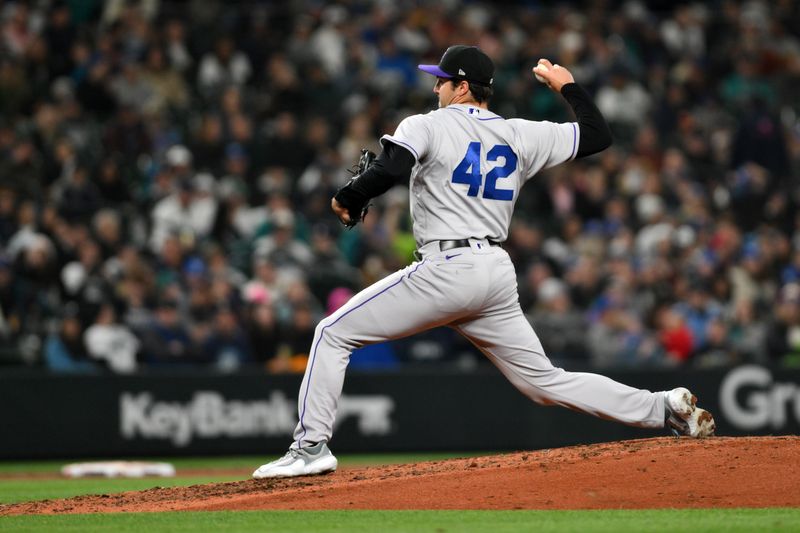 Apr 15, 2023; Seattle, Washington, USA; Colorado Rockies starting pitcher Connor Seabold (43) pitches to the Seattle Mariners during the sixth inning at T-Mobile Park. Mandatory Credit: Steven Bisig-USA TODAY Sports