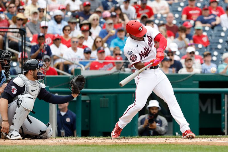 Apr 16, 2023; Washington, District of Columbia, USA; Washington Nationals left fielder Stone Garrett (36) hits a double against the Cleveland Guardians during the second inning at Nationals Park. Mandatory Credit: Geoff Burke-USA TODAY Sports