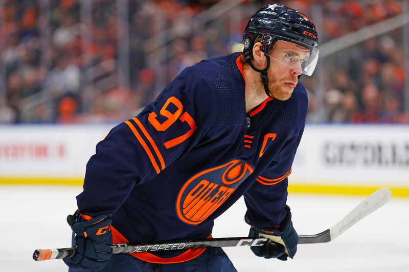 Dec 14, 2023; Edmonton, Alberta, CAN; Edmonton Oilers forward Connor McDavid (97) waits for play to begin against the Tampa Bay Lightning at Rogers Place. Mandatory Credit: Perry Nelson-USA TODAY Sports