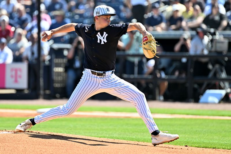 Feb 26, 2025; Tampa, Florida, USA; New York Yankees starting pitcher Will Warren (98) throws a pitch in the first inning against the St. Louis Cardinals during spring training at George M. Steinbrenner Field. Mandatory Credit: Jonathan Dyer-Imagn Images