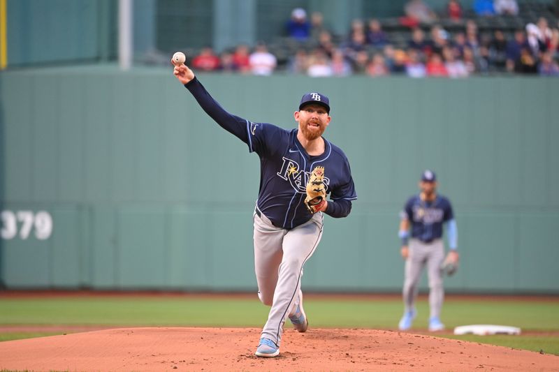 May 16, 2024; Boston, Massachusetts, USA;  Tampa Bay Rays starting pitcher Zack Littell (52) pitches against the Boston Red Sox during the first inning at Fenway Park. Mandatory Credit: Eric Canha-USA TODAY Sports