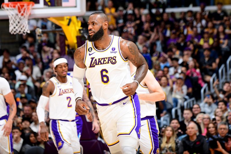 LOS ANGELES, CA - APRIL 9: LeBron James #6 of the Los Angeles Lakers looks on during the game against the Utah Jazz  on April 9, 2023 at Crypto.Com Arena in Los Angeles, California. NOTE TO USER: User expressly acknowledges and agrees that, by downloading and/or using this Photograph, user is consenting to the terms and conditions of the Getty Images License Agreement. Mandatory Copyright Notice: Copyright 2023 NBAE (Photo by Adam Pantozzi/NBAE via Getty Images)