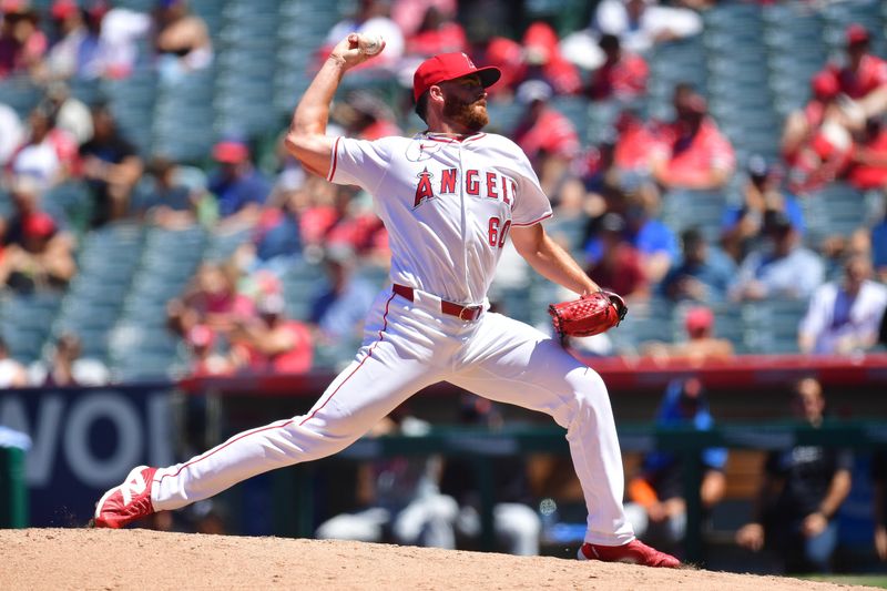 Jun 27, 2024; Anaheim, California, USA; Los Angeles Angels pitcher Andrew Wantz (60) throws against the Detroit Tigers during the fifth inning at Angel Stadium. Mandatory Credit: Gary A. Vasquez-USA TODAY Sports