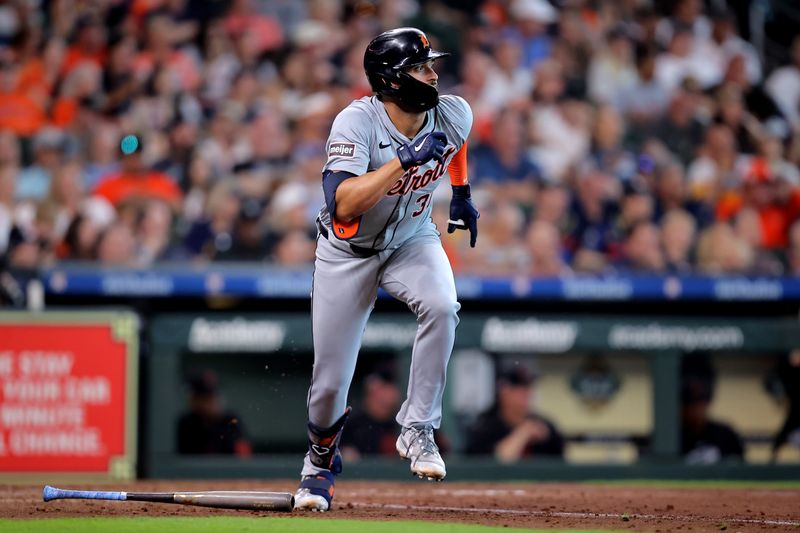 Jun 15, 2024; Houston, Texas, USA; Detroit Tigers center fielder Riley Greene (31) runs up the base line after hitting an RBI single to center field against the Houston Astros during the third inning at Minute Maid Park. Mandatory Credit: Erik Williams-USA TODAY Sports