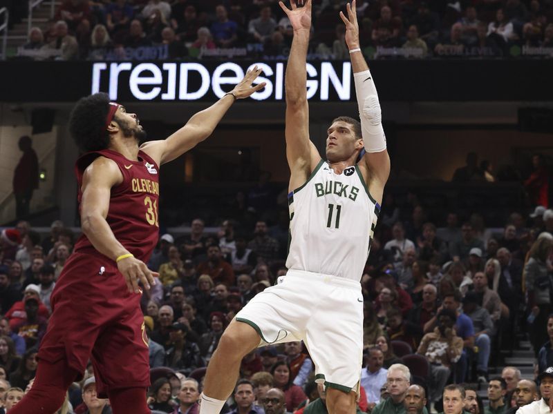 CLEVELAND, OH - NOVEMBER 4:  Brook Lopez #11 of the Milwaukee Bucks shoots the ball during the game against the Cleveland Cavaliers on November 4, 2024 at Rocket Mortgage FieldHouse in Cleveland, Ohio. NOTE TO USER: User expressly acknowledges and agrees that, by downloading and/or using this Photograph, user is consenting to the terms and conditions of the Getty Images License Agreement. Mandatory Copyright Notice: Copyright 2024 NBAE (Photo by  Lauren Leigh Bacho/NBAE via Getty Images)