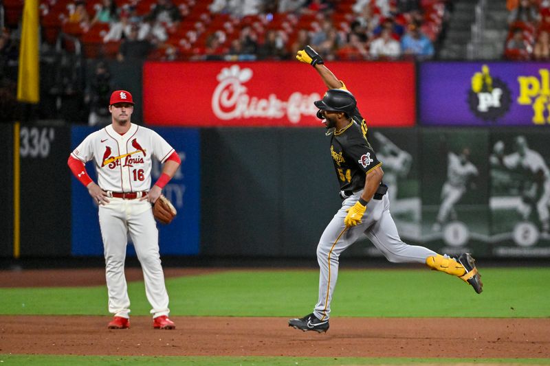 Sep 2, 2023; St. Louis, Missouri, USA;  Pittsburgh Pirates pinch hitter Joshua Palacios (54) reacts after hitting a go ahead two run home run against the St. Louis Cardinals during the ninth inning at Busch Stadium. Mandatory Credit: Jeff Curry-USA TODAY Sports