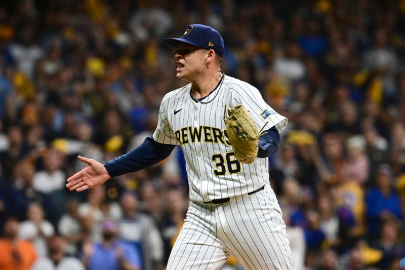 Oct 3, 2024; Milwaukee, Wisconsin, USA; Milwaukee Brewers pitcher Tobias Myers (36) reacts in the fifth inning against the New York Mets during game three of the Wildcard round for the 2024 MLB Playoffs at American Family Field. Mandatory Credit: Benny Sieu-Imagn Images