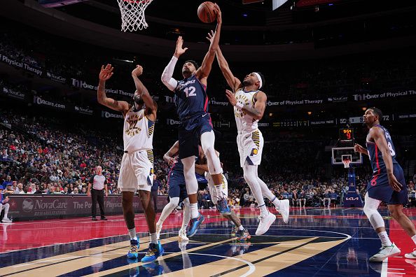 PHILADELPHIA, PA - NOVEMBER 14: Tobias Harris #12 of the Philadelphia 76ers drives to the basket during the game against the Indiana Pacers during the In-Season Tournament on November 14, 2023 at the Wells Fargo Center in Philadelphia, Pennsylvania NOTE TO USER: User expressly acknowledges and agrees that, by downloading and/or using this Photograph, user is consenting to the terms and conditions of the Getty Images License Agreement. Mandatory Copyright Notice: Copyright 2023 NBAE (Photo by Jesse D. Garrabrant/NBAE via Getty Images)