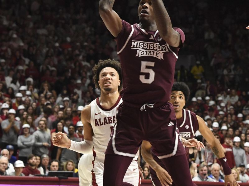 Feb 3, 2024; Tuscaloosa, Alabama, USA; Mississippi State guard Shawn Jones Jr. (5) shoots in the lane over Alabama guard Mark Sears (1) at Coleman Coliseum. Mandatory Credit: Gary Cosby Jr.-USA TODAY Sports