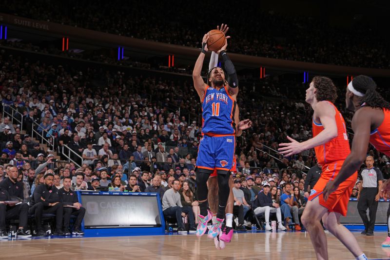 NEW YORK, NY - MARCH 31:  Jalen Brunson #11 of the New York Knicks shoots the ball during the game against the Oklahoma City Thunder on March 31, 2024 at Madison Square Garden in New York City, New York.  NOTE TO USER: User expressly acknowledges and agrees that, by downloading and or using this photograph, User is consenting to the terms and conditions of the Getty Images License Agreement. Mandatory Copyright Notice: Copyright 2024 NBAE  (Photo by Jesse D. Garrabrant/NBAE via Getty Images)