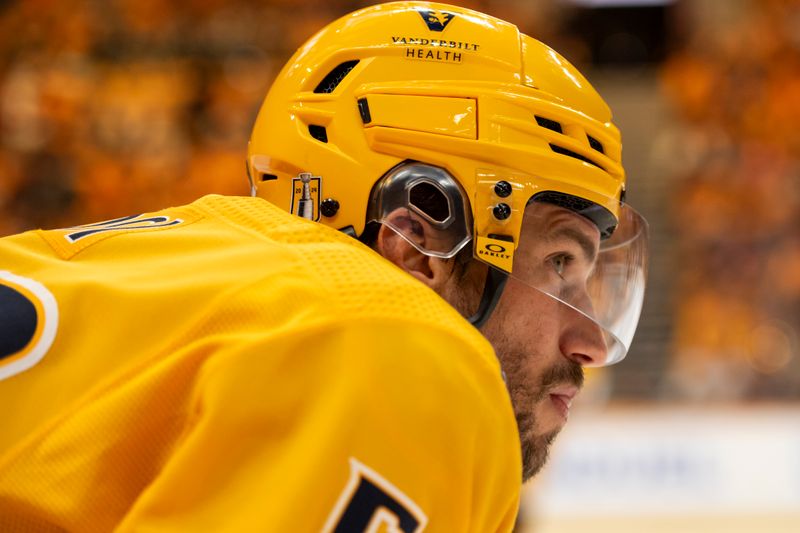 May 3, 2024; Nashville, Tennessee, USA; Nashville Predators defenseman Roman Josi (59) awaits the face off against the Vancouver Canucks during the first period in game six of the first round of the 2024 Stanley Cup Playoffs at Bridgestone Arena. Mandatory Credit: Steve Roberts-USA TODAY Sports