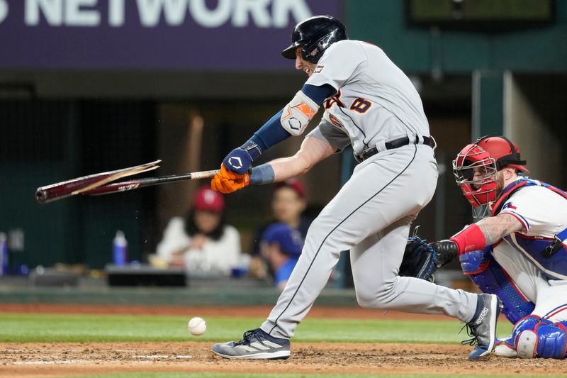 Jun 27, 2023; Arlington, Texas, USA; Detroit Tigers right fielder Matt Vierling (8) breaks his bat on a foul ball during the ninth inning against the Texas Rangers at Globe Life Field. Mandatory Credit: Jim Cowsert-USA TODAY Sports