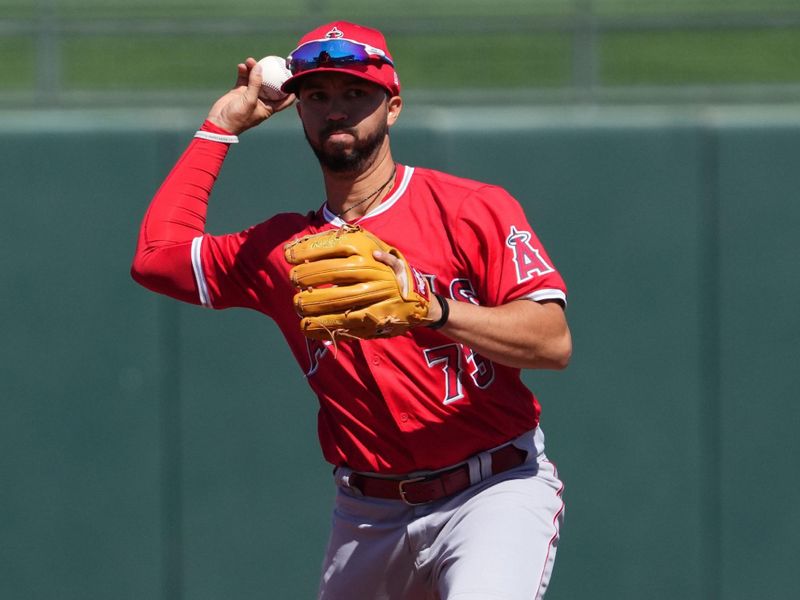 Mar 13, 2024; Surprise, Arizona, USA;  Los Angeles Angels second baseman Livan Soto (73) throws to first base against the Kansas City Royals during the second inning at Surprise Stadium. Mandatory Credit: Joe Camporeale-USA TODAY Sports