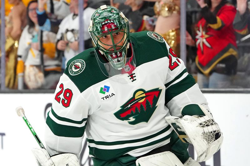 Feb 12, 2024; Las Vegas, Nevada, USA; Minnesota Wild goaltender Marc-Andre Fleury (29) warms up before a game against the Vegas Golden Knights at T-Mobile Arena. Mandatory Credit: Stephen R. Sylvanie-USA TODAY Sports