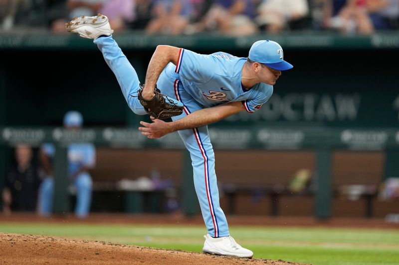 Jul 16, 2023; Arlington, Texas, USA; Texas Rangers starting pitcher Cody Bradford (61) follows through on his pitch to the Cleveland Guardians during the sixth inning at Globe Life Field. Mandatory Credit: Jim Cowsert-USA TODAY Sports