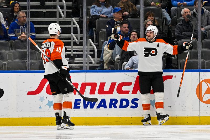 Jan 15, 2024; St. Louis, Missouri, USA;  Philadelphia Flyers center Scott Laughton (21) reacts after scoring against the St. Louis Blues during the second period at Enterprise Center. Mandatory Credit: Jeff Curry-USA TODAY Sports