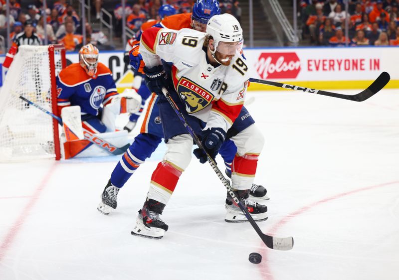 June 21, 2024; Edmonton, Alberta, CAN; Florida Panthers left wing Matthew Tkachuk (19) in action against the Edmonton Oilers in the third period in game six of the 2024 Stanley Cup Final at Rogers Place. Mandatory Credit: Sergei Belski-USA TODAY Sports