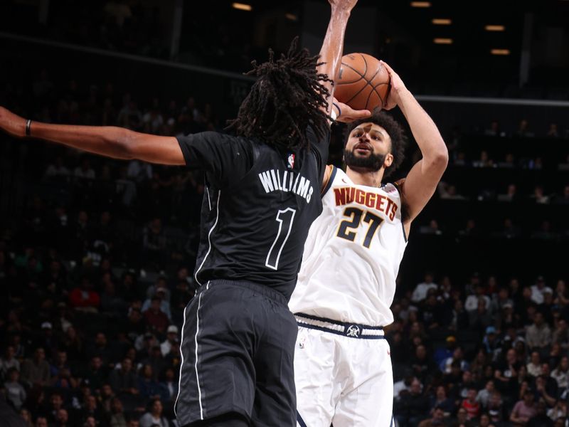 BROOKLYN, NY - OCTOBER 29: Jamal Murray #27 of the Denver Nuggets shoots the ball during the game against the Brooklyn Nets on October 29, 2024 at Barclays Center in Brooklyn, New York. NOTE TO USER: User expressly acknowledges and agrees that, by downloading and or using this Photograph, user is consenting to the terms and conditions of the Getty Images License Agreement. Mandatory Copyright Notice: Copyright 2024 NBAE (Photo by Nathaniel S. Butler/NBAE via Getty Images)