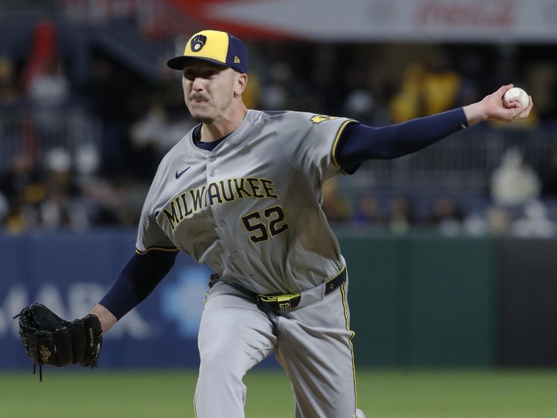 Apr 24, 2024; Pittsburgh, Pennsylvania, USA;  Milwaukee Brewers relief pitcher Bryan Hudson (52) pitches against the Pittsburgh Pirates during the sixth inning at PNC Park. Mandatory Credit: Charles LeClaire-USA TODAY Sports