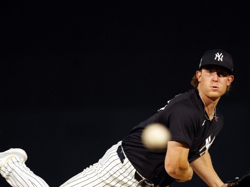 Feb 29, 2024; Tampa, Florida, USA; New York Yankees starting pitcher Clayton Beeter (85) throws a pitch during the first inning against the Miami Marlins at George M. Steinbrenner Field. Mandatory Credit: Kim Klement Neitzel-USA TODAY Sports