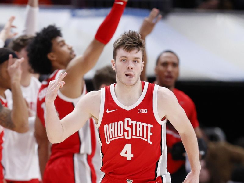 Mar 8, 2023; Chicago, IL, USA; Ohio State Buckeyes guard Sean McNeil (4) celebrates after scoring against the Wisconsin Badgers during the second half at United Center. Mandatory Credit: Kamil Krzaczynski-USA TODAY Sports