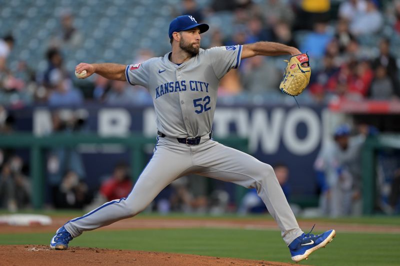 May 9, 2024; Anaheim, California, USA;  Kansas City Royals pitcher Michael Wacha (52) delivers to the plate in the first inning against the Los Angeles Angels at Angel Stadium. Mandatory Credit: Jayne Kamin-Oncea-USA TODAY Sports