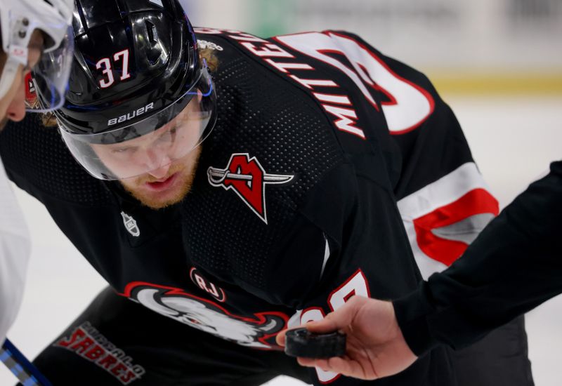 Jan 11, 2024; Buffalo, New York, USA;  Buffalo Sabres center Casey Mittelstadt (37) waits for the face-off during the first period against the Ottawa Senators at KeyBank Center. Mandatory Credit: Timothy T. Ludwig-USA TODAY Sports