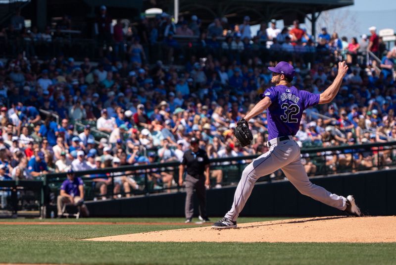 Mar 9, 2024; Mesa, Arizona, USA; Colorado Rockies starting pitcher Dakota Hudson (32) throws against the Chicago Cubs in the first inning during a spring training game between at Sloan Park. Mandatory Credit: Allan Henry-USA TODAY Sports