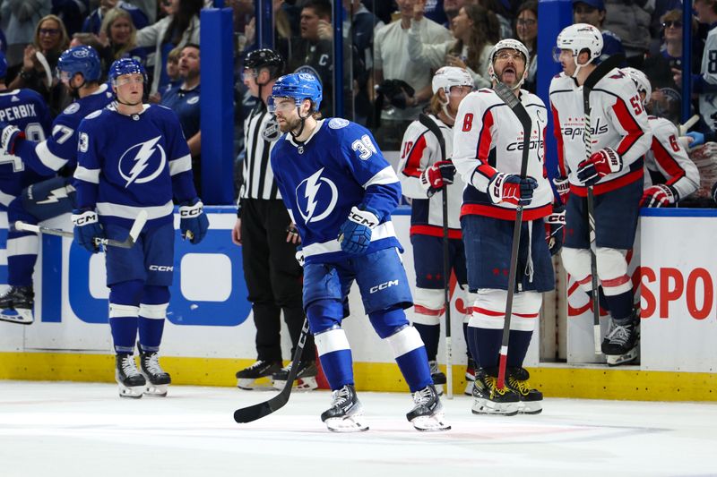 Feb 22, 2024; Tampa, Florida, USA;  Tampa Bay Lightning left wing Brandon Hagel (38) reacts after scoring a goal against the Washington Capitals in the second period at Amalie Arena. Mandatory Credit: Nathan Ray Seebeck-USA TODAY Sports