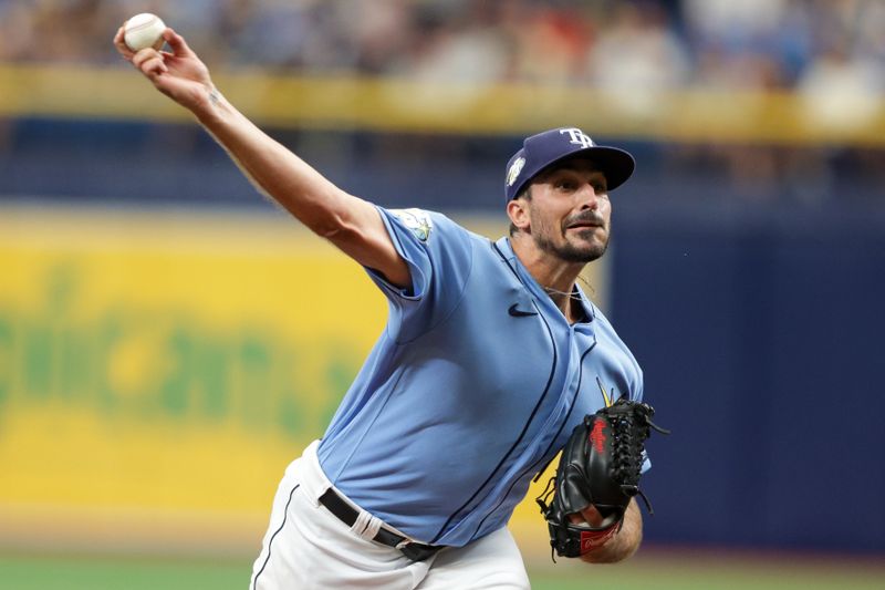 Aug 13, 2023; St. Petersburg, Florida, USA; Tampa Bay Rays starting pitcher Zach Eflin (24) throws a pitch against the Cleveland Guardians in the first inning at Tropicana Field. Mandatory Credit: Nathan Ray Seebeck-USA TODAY Sports