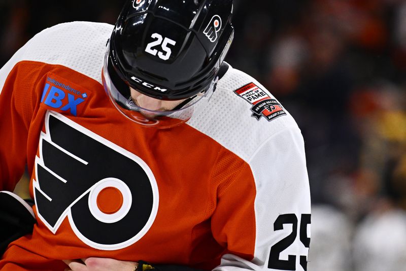 Jan 27, 2024; Philadelphia, Pennsylvania, USA; A view of the commemorative Flyers Hall of Fame patch worn by Philadelphia Flyers center Ryan Poehling (25) during the game against the Boston Bruins at Wells Fargo Center. Mandatory Credit: Kyle Ross-USA TODAY Sports