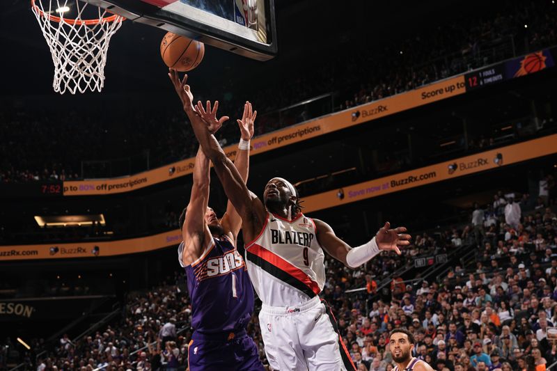 PHOENIX, AZ - NOVEMBER 2: Jerami Grant #9 of the Portland Trail Blazers drives to the basket during the game against the Phoenix Suns on November 2, 2024 at Footprint Center in Phoenix, Arizona. NOTE TO USER: User expressly acknowledges and agrees that, by downloading and or using this photograph, user is consenting to the terms and conditions of the Getty Images License Agreement. Mandatory Copyright Notice: Copyright 2024 NBAE (Photo by Kate Frese/NBAE via Getty Images)