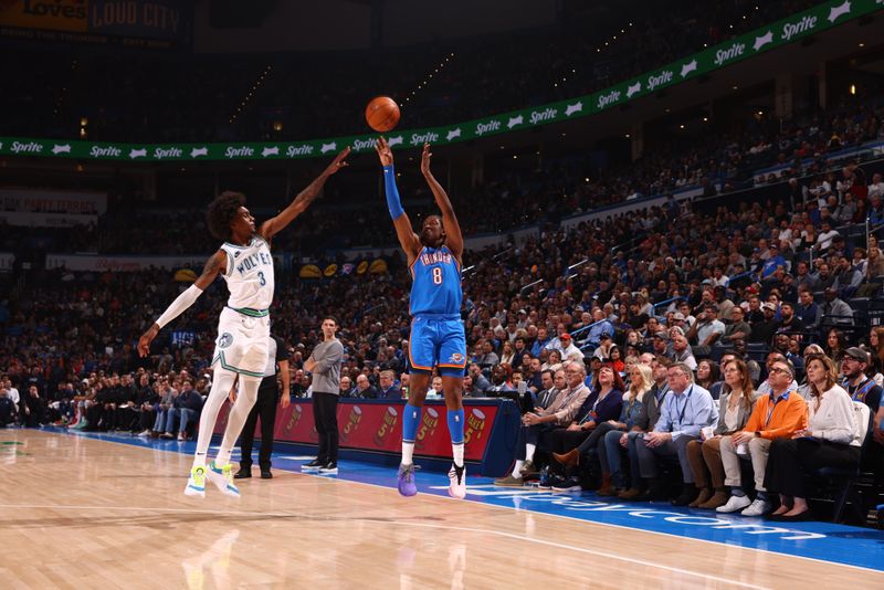 OKLAHOMA CITY, OK - JANUARY 29: Jalen Williams #8 of the Oklahoma City Thunder shoots the ball during the game against the Minnesota Timberwolves on January 29, 2024 at Paycom Arena in Oklahoma City, Oklahoma. NOTE TO USER: User expressly acknowledges and agrees that, by downloading and or using this photograph, User is consenting to the terms and conditions of the Getty Images License Agreement. Mandatory Copyright Notice: Copyright 2024 NBAE (Photo by Zach Beeker/NBAE via Getty Images)