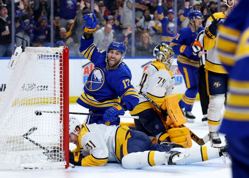 Mar 7, 2026; Buffalo, New York, USA;  Buffalo Sabres left wing Jason Zucker (17) reacts after scoring a goal against the Nashville Predators during the second period at KeyBank Center. Mandatory Credit: Timothy T. Ludwig-Imagn Images
