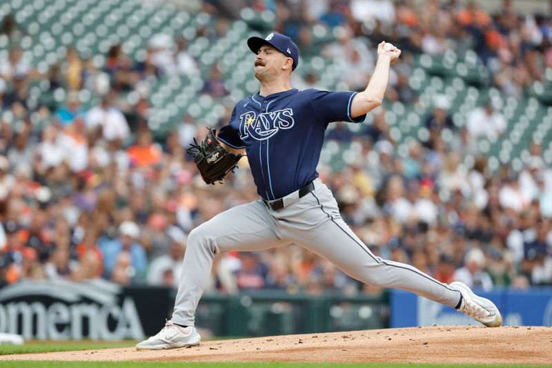 Sep 26, 2024; Detroit, Michigan, USA;  Tampa Bay Rays pitcher Tyler Alexander (14) pitches in the first inning against the Detroit Tigers at Comerica Park. Mandatory Credit: Rick Osentoski-Imagn Images