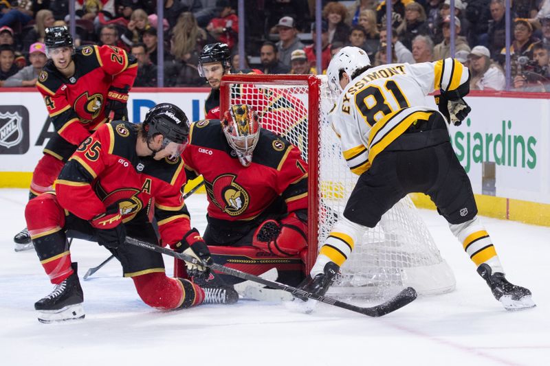Oct 27, 2025; Ottawa, Ontario, CAN; Ottawa Senators goaltender Leevi Merilainen (1) makes a save on a shot from Boston Bruins center Michael Eyssimont (81) in the second period at the Canadian Tire Centre. Mandatory Credit: Marc DesRosiers-IMAGN Images