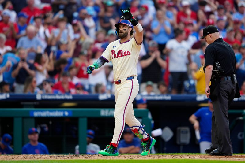 Sep 14, 2024; Philadelphia, Pennsylvania, USA; Philadelphia Phillies first baseman Bryce Harper (3) reacts to hitting his second home run against the New York Mets during the sixth inning at Citizens Bank Park. Mandatory Credit: Gregory Fisher-Imagn Images