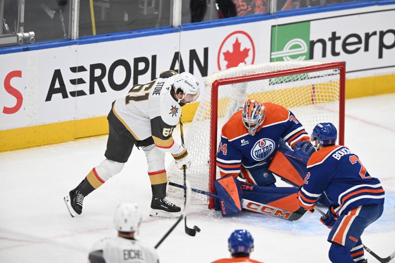 May 10, 2025; Edmonton, Alberta, CAN;   Vegas Golden Knights right winger Mark Stone (61) goes for a shot on Edmonton Oilers goalie Stuart Skinner (74) during the first period in game three of the second round of the 2025 Stanley Cup Playoffs at Rogers Place. Mandatory Credit: Walter Tychnowicz-Imagn Images