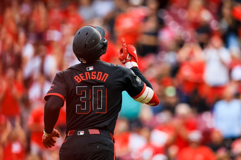 May 16, 2025; Cincinnati, Ohio, USA; Cincinnati Reds outfielder Will Benson (30) reacts after hitting a three-run home run in the second inning against the Cleveland Guardians at Great American Ball Park. Mandatory Credit: Katie Stratman-Imagn Images