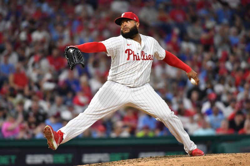 Jun 17, 2024; Philadelphia, Pennsylvania, USA; Philadelphia Phillies pitcher José Alvarado (46) throws a pitch during the eighth inning against the San Diego Padres at Citizens Bank Park. Mandatory Credit: Eric Hartline-USA TODAY Sports