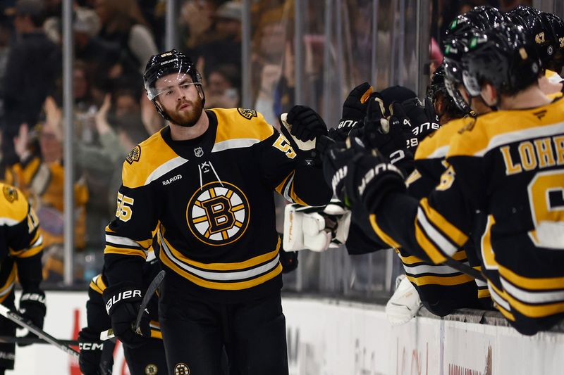 Oct 26, 2024; Boston, Massachusetts, USA; Boston Bruins right wing Justin Brazeau (55) is congratulated at the bench after his goal against the Toronto Maple Leafs during the second period at TD Garden. Mandatory Credit: Winslow Townson-Imagn Images