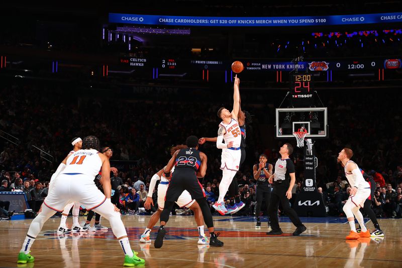 NEW YORK, NY - MARCH 25:  Isaiah Hartenstein #55 of the New York Knicks go up for the opening tip off again the Detroit Pistons on March 25, 2024 at Madison Square Garden in New York City, New York.  NOTE TO USER: User expressly acknowledges and agrees that, by downloading and or using this photograph, User is consenting to the terms and conditions of the Getty Images License Agreement. Mandatory Copyright Notice: Copyright 2024 NBAE  (Photo by David L. Nemec /NBAE via Getty Images)