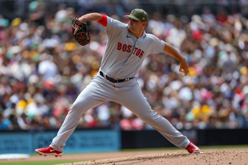 May 21, 2023; San Diego, California, USA; Boston Red Sox relief pitcher Richard Bleier (35) throws a pitch during the third inning against the San Diego Padres at Petco Park. Mandatory Credit: David Frerker-USA TODAY Sports