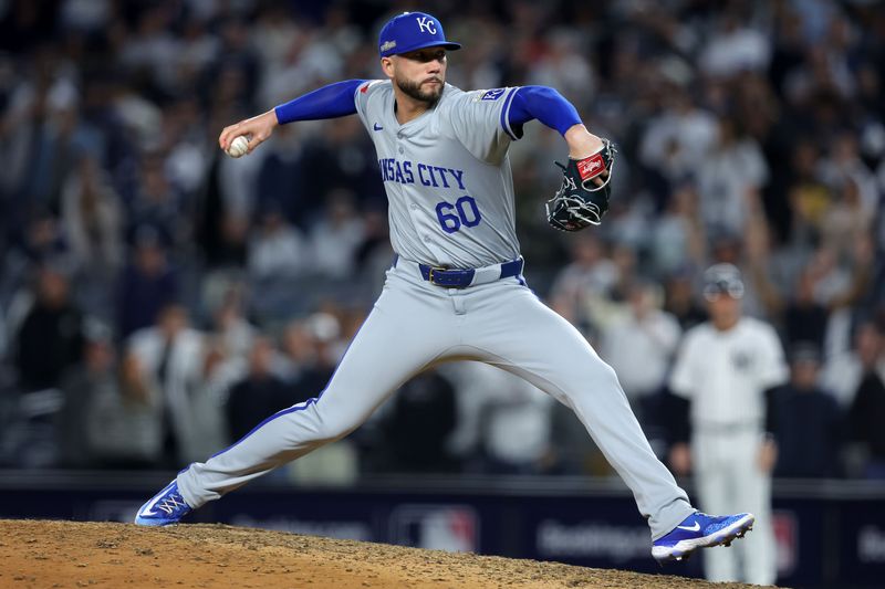 Oct 7, 2024; Bronx, New York, USA; Kansas City Royals pitcher Lucas Erceg (60) throws pitch against the New York Yankees in the ninth inning during game two of the ALDS for the 2024 MLB Playoffs at Yankee Stadium. Mandatory Credit: Vincent Carchietta-Imagn Images